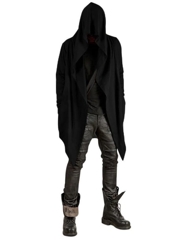 Mens Long Hooded Cardigan Long Sleeve Thin Cardigans Ruffle Shawl Collar Lightweight Drape Cape Overcoat Pockets