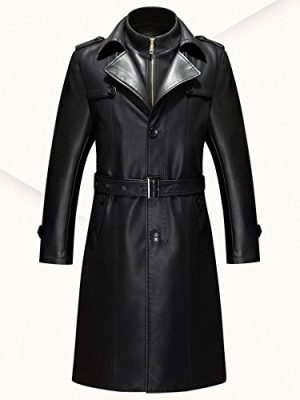 Mens Double Collar Long Trench Coat Long PU Leather Jacket Parka (S-XL)