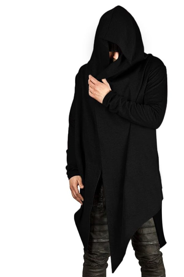 Mens Long Hooded Cardigan Long Sleeve Thin Cardigans Ruffle Shawl Collar Lightweight Drape Cape Overcoat Pockets