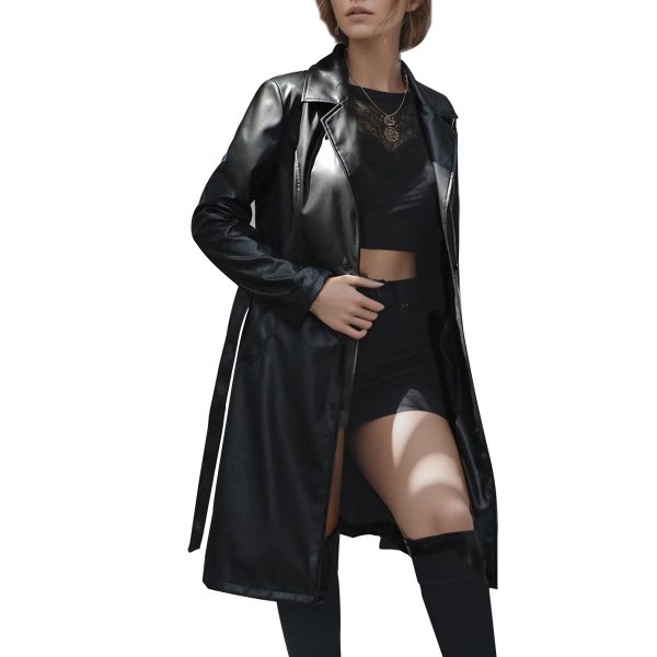 Women Trench Coat Long Jacket PU Leather Classic Lapel Coat with Belt