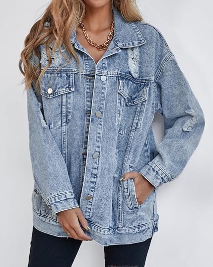 Women's long oversized denim jacket boyfriend ripped distressed jean jackets coat