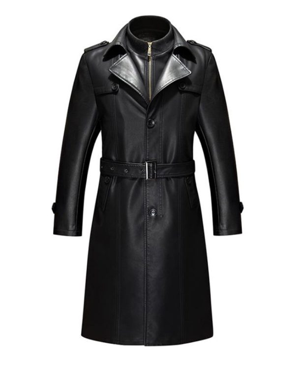 Mens Double Collar Long Trench Coat Long PU Leather Jacket Parka (S-XL)