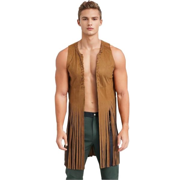 Men's Womens 70s Fringe Long Waistcoat Sleeveless Open Front Vest Cowboy Tassel Hippie Vest Western Cardigan Jacket