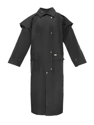 Unisex Western Oilskin Waterproof Duster Coat, Workwear Black Brown Long Rain Coat With Brass Button And Pockets
