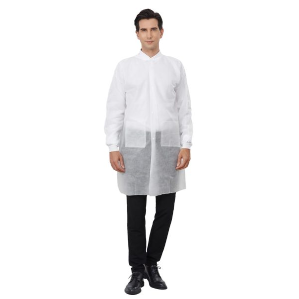 Disposable Lab Coats for Adults Pack of 10 White Coat 2 Pockets with Knitted Cuffs and Collar (Small-2XL)