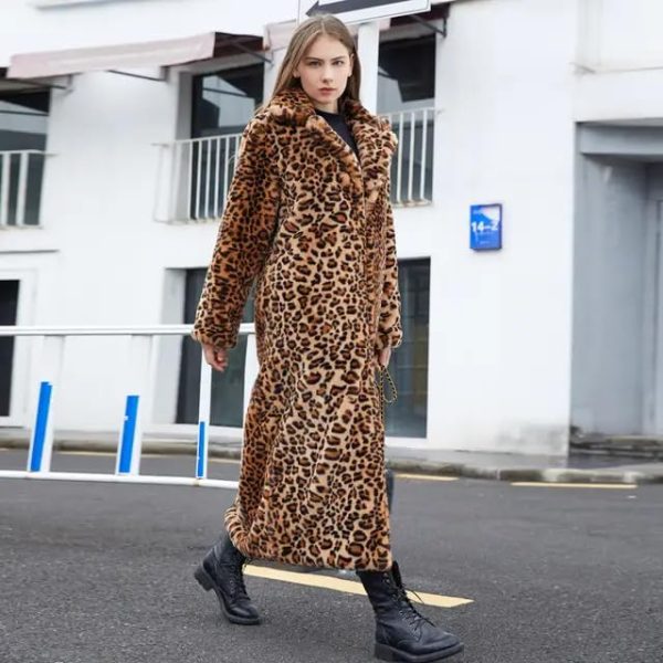 Women's Long Coat Faux Fur, Leopard print, warm, long sleeves, Fashion design, (Large size available)