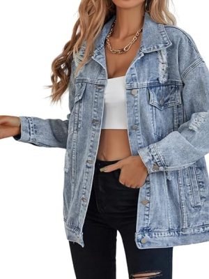 Women's long oversized denim jacket boyfriend ripped distressed jean jackets coat