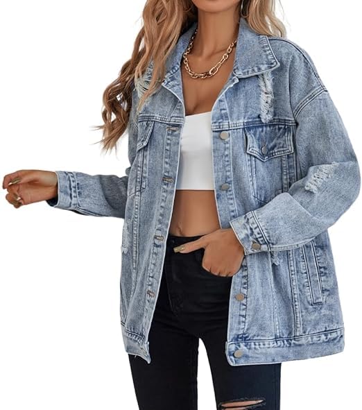 Women's long oversized denim jacket boyfriend ripped distressed jean jackets coat