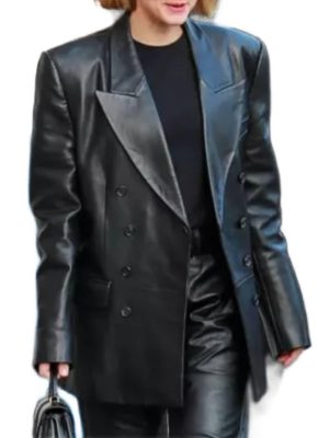 Double Breasted Leather Blazer Long Coat for Women Lambskin Leather Blazer Women