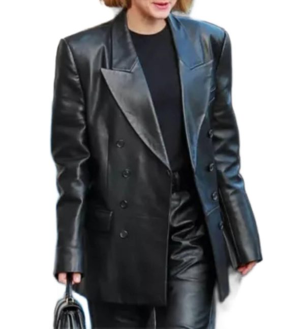 Double Breasted Leather Blazer Long Coat for Women Lambskin Leather Blazer Women
