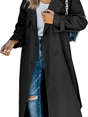 Women's Windproof Trench Coat Notched Lapel Double Breasted Long Overcoat Casual Fall Winter Windbreaker Outerwear