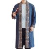 Mens Long Kimono Cardigan Open Front Print Cotton Linen Trench Coat
