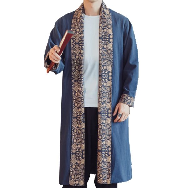 Mens Long Kimono Cardigan Open Front Print Cotton Linen Trench Coat