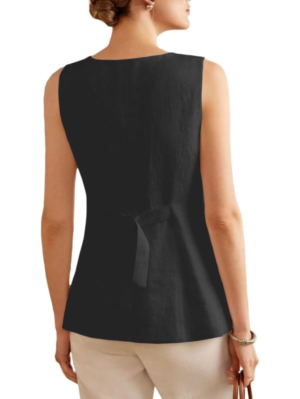 2025 Womens Summer Long Linen Vest Sleeveless Lightweight Fully-Lined Single Breasted Casual Work Tops Pockets