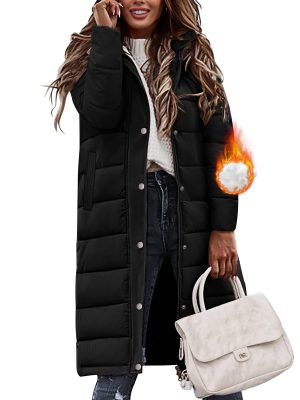 Womens Winter Long Puffer Coats Down Thicken Warm Quilted Jacket Mid-Length with Side Zipper and Hood Outerwear