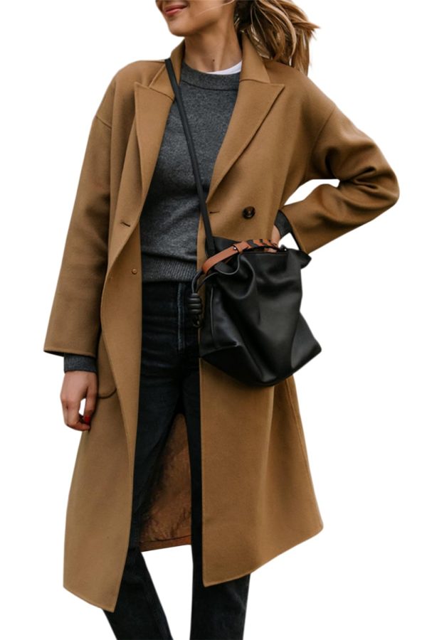 Womens Lapel Peacoat Winter Double-Breasted Outerwear Mid Long Jacket Casual Trench Coat