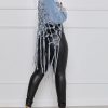 Womens Loose Long Fringe Distressed Denim Jacket Cropped Button Down Ripped Back Knotted Jean Coat