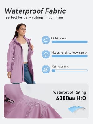 Women's Long Packable Raincoat Waterproof Rain Jacket Lightweight Outdoor Windbreaker with Hood