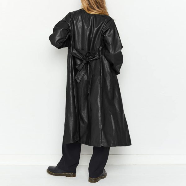 Women's Casual Lapel Open Front Pu Faux Leather Long Trench Coat with Belt