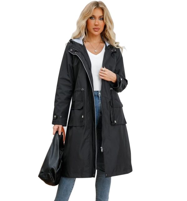 Women Waterproof Lightweight Long Rain Jacket Outdoor Casual Hooded Long Trench Coat