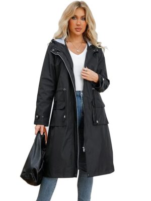 Women Waterproof Lightweight Long Rain Jacket Outdoor Casual Hooded Long Trench Coat