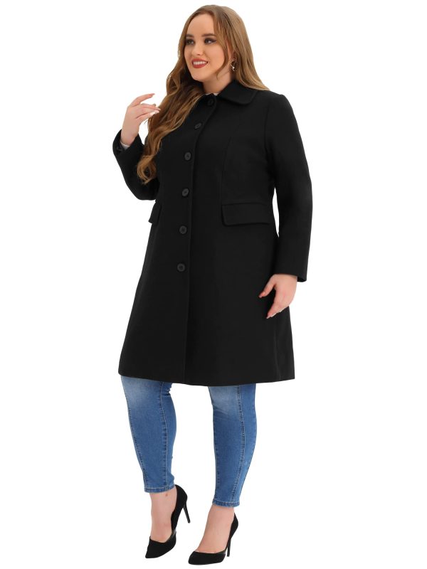 Plus Size Women Long Coats Peter Pan Collar Single Breasted with Pockets Trench Winter Long Peacoat