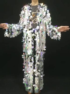 Female Long Sequins Coats Loose Long Sleeve Gold Red Green Pink Silver Casual Jackets Prom Party Singer Dancer One Size
