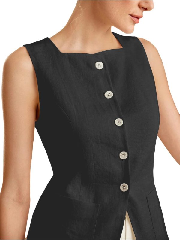 2025 Womens Summer Long Linen Vest Sleeveless Lightweight Fully-Lined Single Breasted Casual Work Tops Pockets