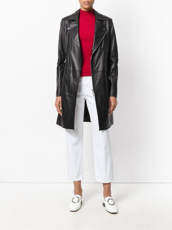 Women's Embedded Long & Shiny Black Lambskin Leather Jacket