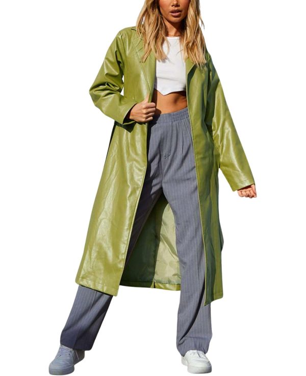 Women's Casual PU Leather Long Jacket Lapel Open Front Trench Coat with Belt