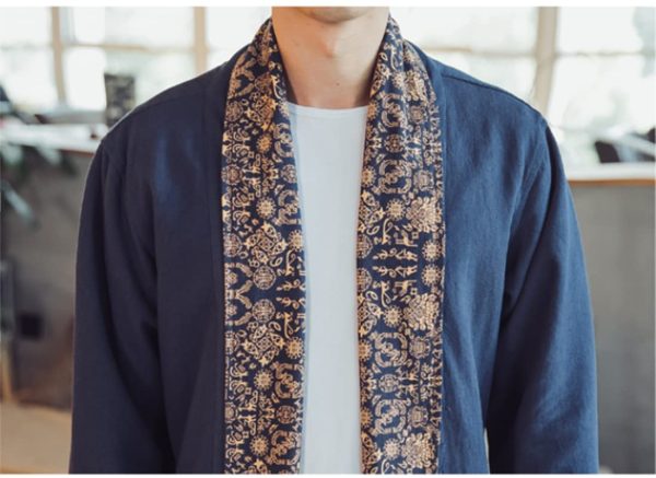 Mens Long Kimono Cardigan Open Front Print Cotton Linen Trench Coat