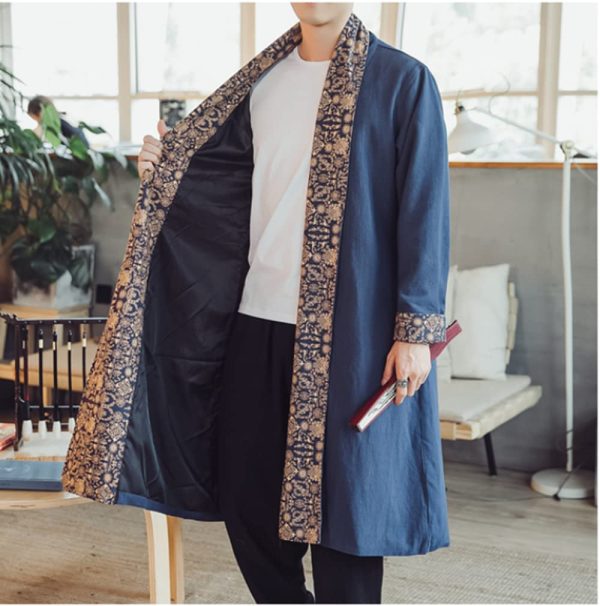 Mens Long Kimono Cardigan Open Front Print Cotton Linen Trench Coat