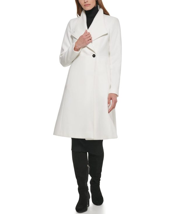 Women's Ring Snap Detail Asymmetrical Closure Stand Collar Welt Pockets Coat