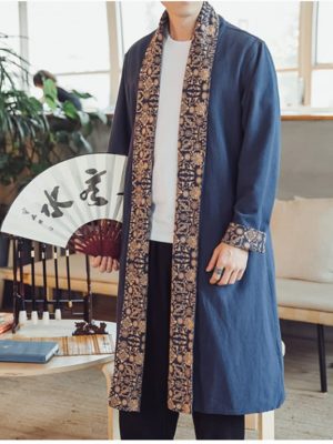 Mens Long Kimono Cardigan Open Front Print Cotton Linen Trench Coat