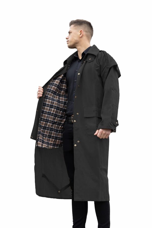 Unisex Western Oilskin Waterproof Duster Coat, Workwear Black Brown Long Rain Coat With Brass Button And Pockets