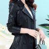 Womens Fashion Lapel Double Breasted Lambskin Leather Mid Long Jacket Coat