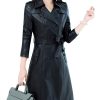 Womens Fashion Lapel Double Breasted Lambskin Leather Mid Long Jacket Coat