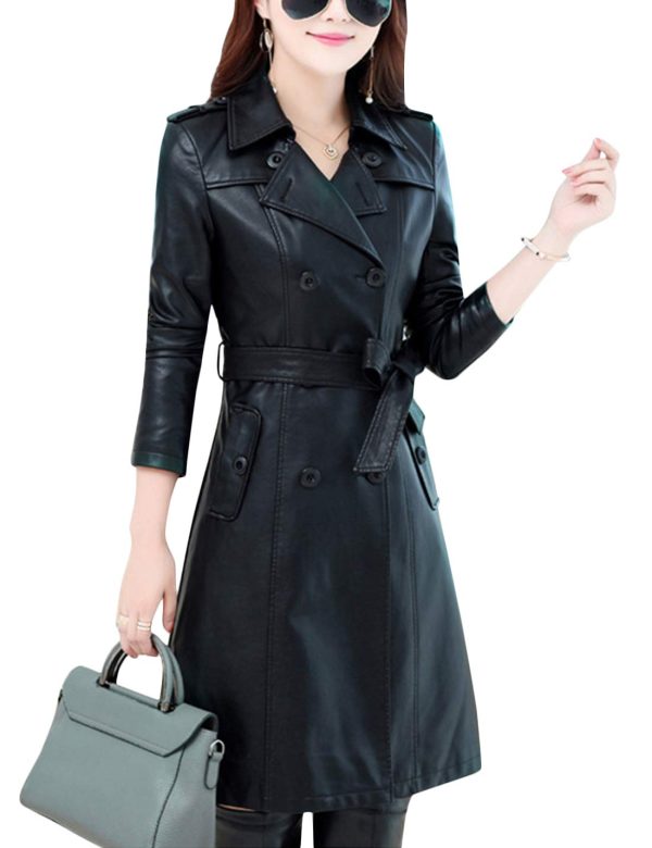 Womens Fashion Lapel Double Breasted Lambskin Leather Mid Long Jacket Coat