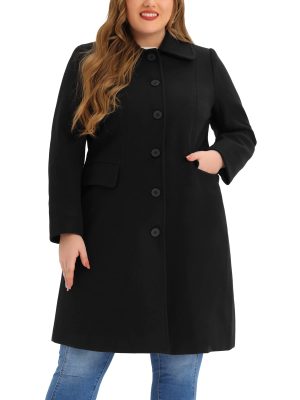 Plus Size Women Long Coats Peter Pan Collar Single Breasted with Pockets Trench Winter Long Peacoat