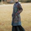 Women Winter Trench Coat Long Overcoat Printed Windbreaker Vintage Chinese Fleece Lined Warm Jacket