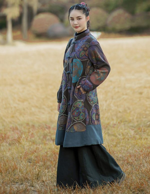Women Winter Trench Coat Long Overcoat Printed Windbreaker Vintage Chinese Fleece Lined Warm Jacket