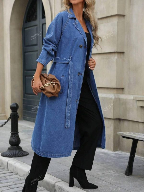 Womens Long Denim Jacket Plus Size Lapel Collar Long Sleeve Trench Coat Button Down Over Knee Tunic Outerwear