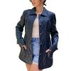 Womens Quilted Style Leather Coat Long Length Button-Up Coat Black Leather Shirt Style Coat For Womens
