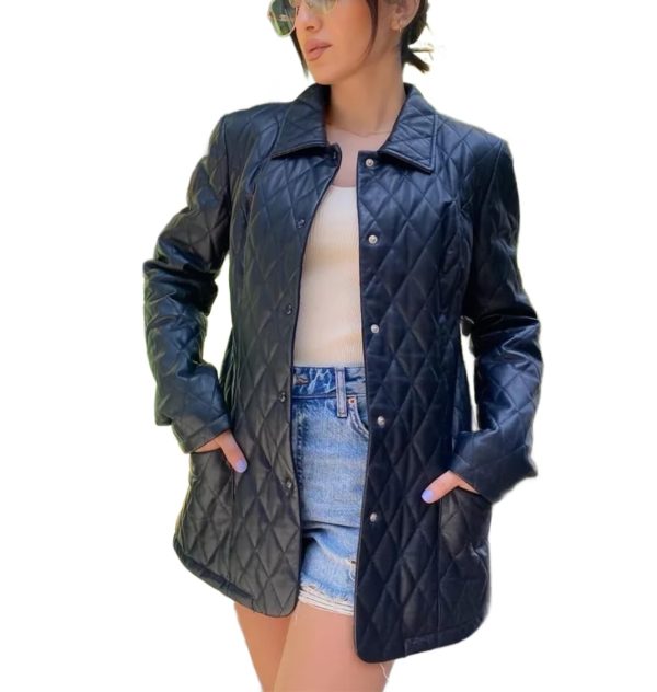 Womens Quilted Style Leather Coat Long Length Button-Up Coat Black Leather Shirt Style Coat For Womens