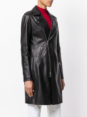 Women's Embedded Long & Shiny Black Lambskin Leather Jacket