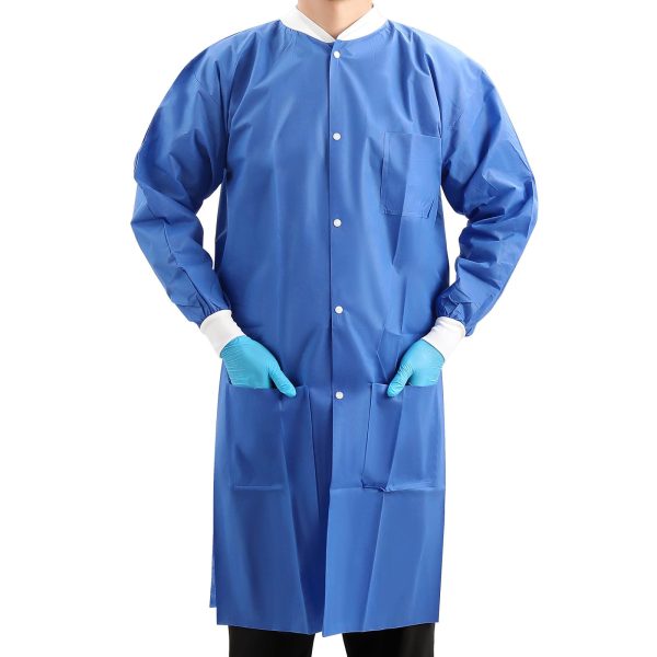 10-50 Pack Disposable Lab Coats for Adult, SMS Medical Lab Jacket Knee Length with Knit Cuff & Collar, 3 Pockets