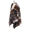 Women's Turn Down Shawl Collar Earth Tone Check Asymmetric Hemline Wool Blend Coat