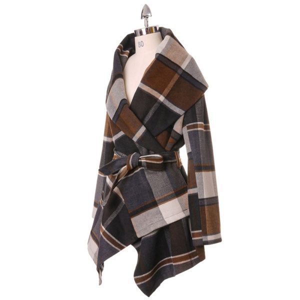 Women's Turn Down Shawl Collar Earth Tone Check Asymmetric Hemline Wool Blend Coat