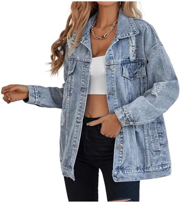 Women's long oversized denim jacket boyfriend ripped distressed jean jackets coat