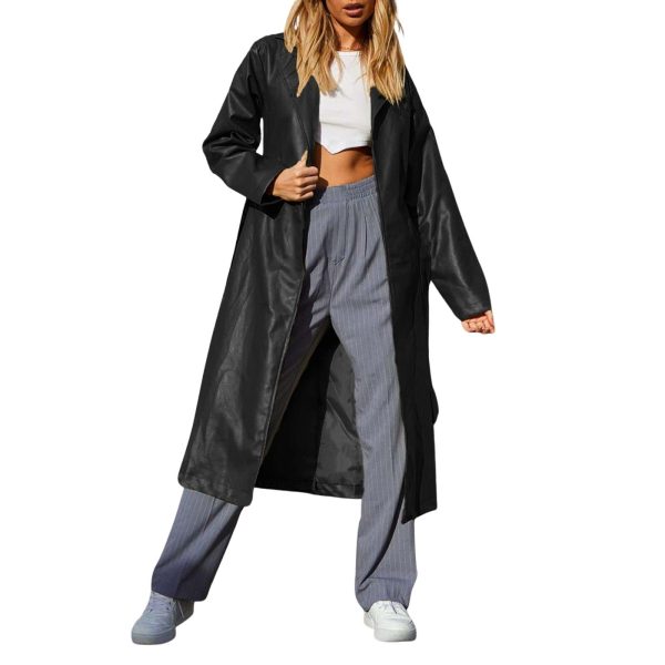 Women's Casual Lapel Open Front Pu Faux Leather Long Trench Coat with Belt